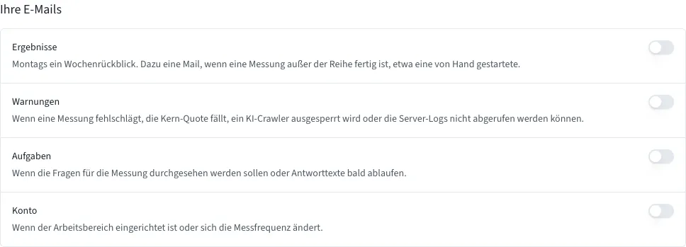 Die vier Gruppen mit Schaltern unter Ihre E-Mails