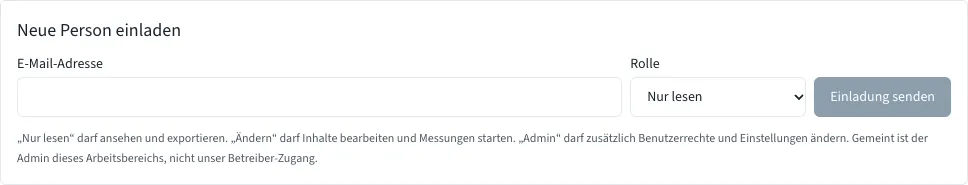 Formular zum Einladen mit Adressfeld, Rollenauswahl und Knopf Einladung senden