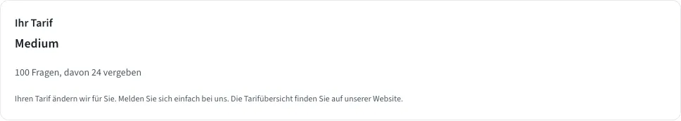 Karte Ihr Tarif mit Tarifname und Zahl der Fragen
