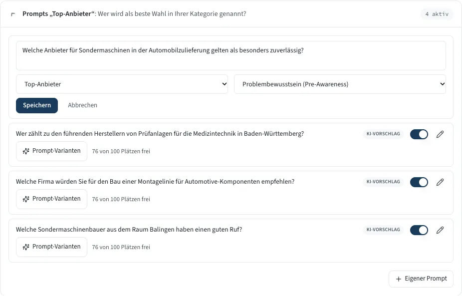 Eine Prompt-Zeile im Bearbeitungsmodus mit Textfeld, zwei Auswahlfeldern und den Knöpfen Speichern und Abbrechen