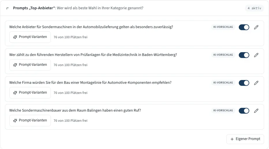 Die geöffnete Kategorie Top-Anbieter mit vier Prompts, einem Schalter und einem Stift je Zeile
