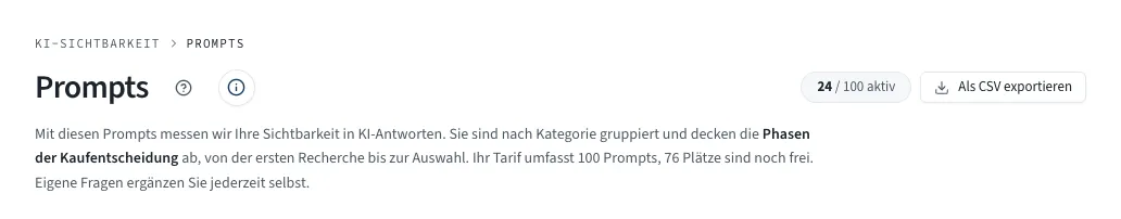 Der Kopf der Seite Prompts mit Titel, Hilfe-Symbolen, Zähler und Export