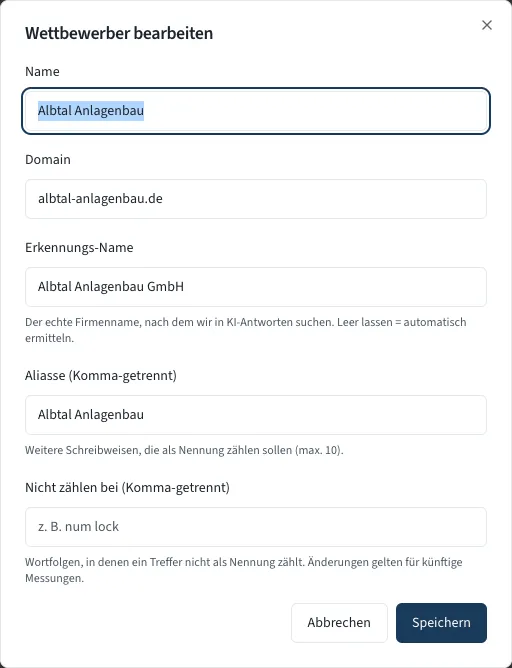 Das Fenster zum Bearbeiten eines Wettbewerbers mit den Feldern Name, Domain, Erkennungs-Name, Aliasse und Nicht zählen bei