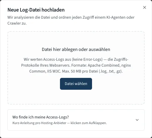 Das Fenster zum Hochladen mit der Fläche für die Datei und der Anleitung je Hoster