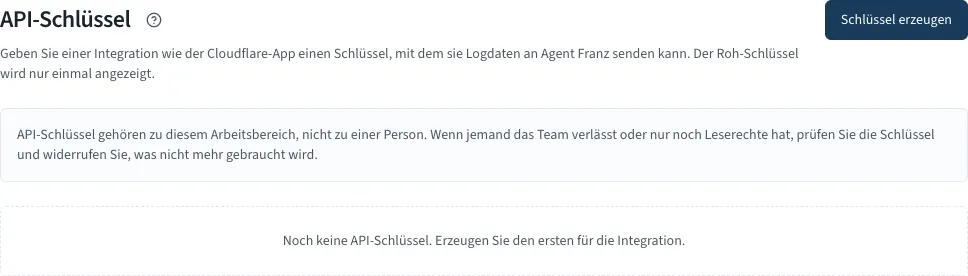 Seite API-Schlüssel mit dem Knopf Schlüssel erzeugen und noch ohne Schlüssel
