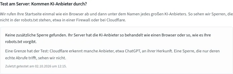 Der Abschnitt Test am Server mit dem Ergebnis, dem Hinweis auf die Grenze des Tests und dem Zeitpunkt der letzten Prüfung
