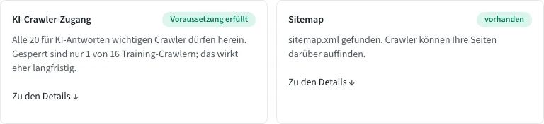 Die zwei Kacheln zu KI-Crawler-Zugang und Sitemap mit ihrem Kurzurteil