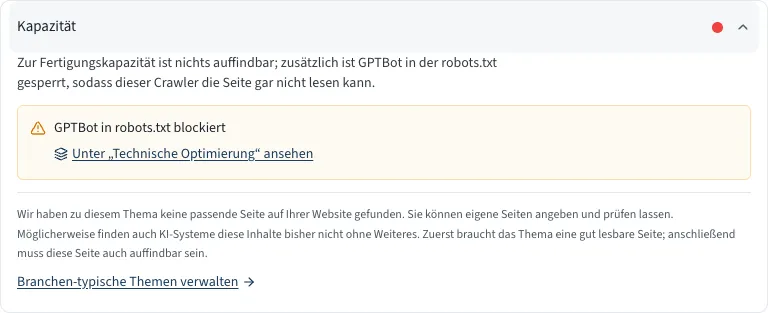 Ein aufgeklapptes Thema mit Begründung, technischer Ursache und Verweis auf die Technische Optimierung