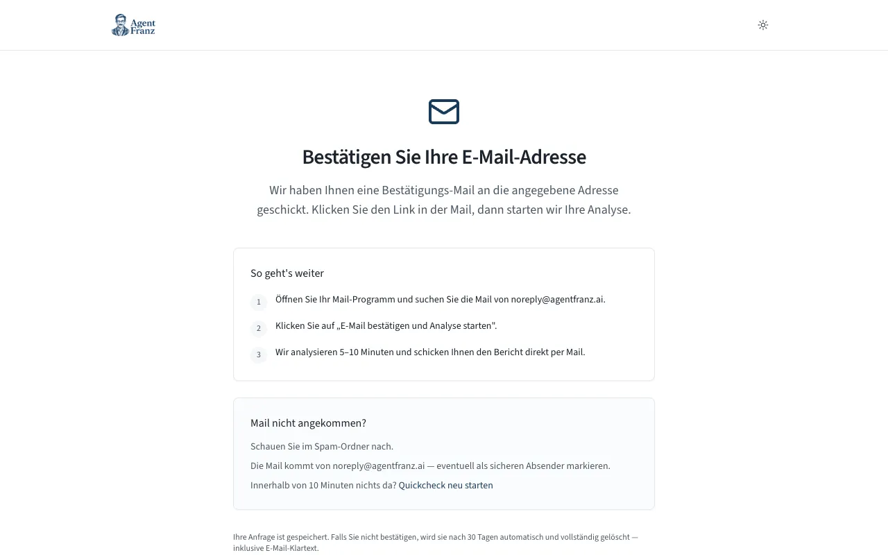 Die Bestätigungsseite nach dem Abschicken mit den drei Schritten und dem Hinweis für ausbleibende Mails