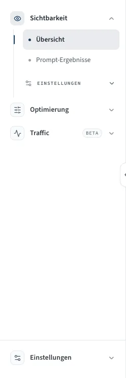 Seitenleiste der App mit den Bereichen Sichtbarkeit, Optimierung und Traffic sowie den Einstellungen am unteren Rand